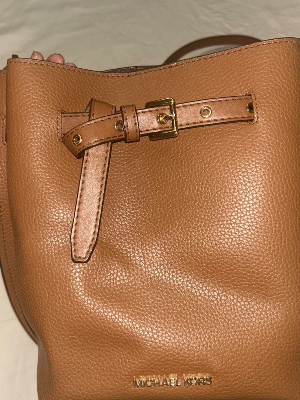 Michael Kors Cognac Pebbled Leather Shoulder Bucket Bag with Belt Accent